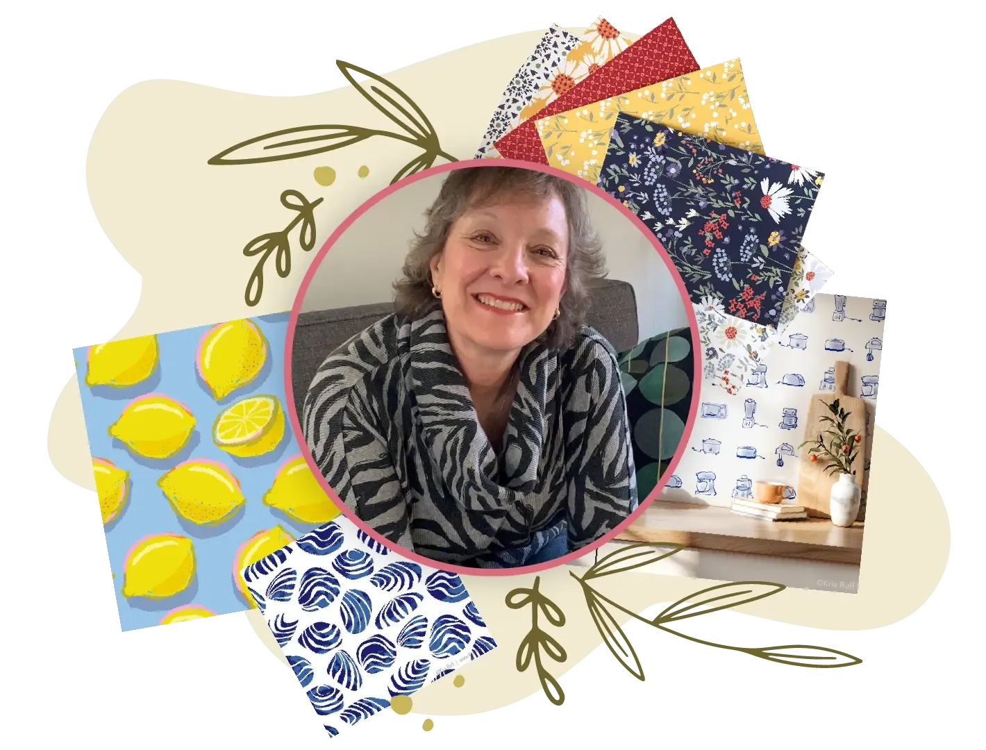 Kris Ruff, alumna, with her artwork and products.